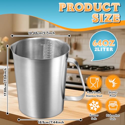 Stainless Steel Measuring Cup 64oz (8 Cup / 2L), Heavy Duty Liquid Measuring Pitcher with Handle & Engraved Markings, Metal Measuring Cup for Coffee, Milk, Baking & Frothing - size: 64oz/2000ml