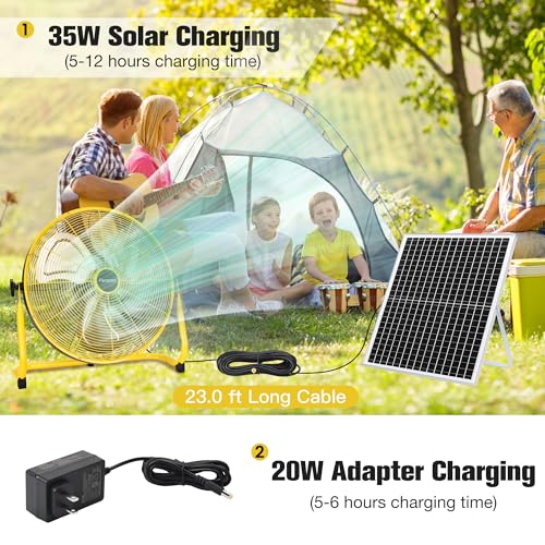 Fanspex 20" Solar Rechargeable Floor Fan for Outdoor Gazebo Greenhouse Barn | 111 Wh Battery Operated Fan, 360° Tilt with 35W Solar Panel Powered for Patio Camping Cooling or Air Circulation - size: 20"