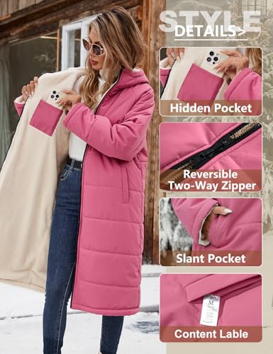 Yusongirl Women's Reversible Long Winter Puffer Coat with Hood and Fleece | Two wearable sides for winter commutes, school runs and city errands, with quilted warmth, soft fleece, a hood and pockets - color: Brick Red, size: XX-Large