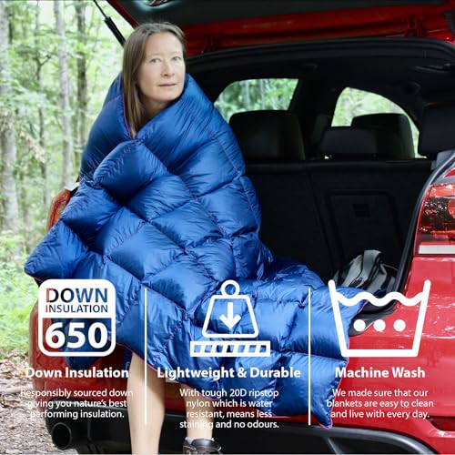 Down Camping Blanket 650 Fill Power - Ultralight Backpacking Quilt (1lb 6oz) Warm & Water-Resistant 20D Nylon Shell for Outdoors, Camping, Hiking, Travel, & Stadium - Packable - color: Midnight Blue
