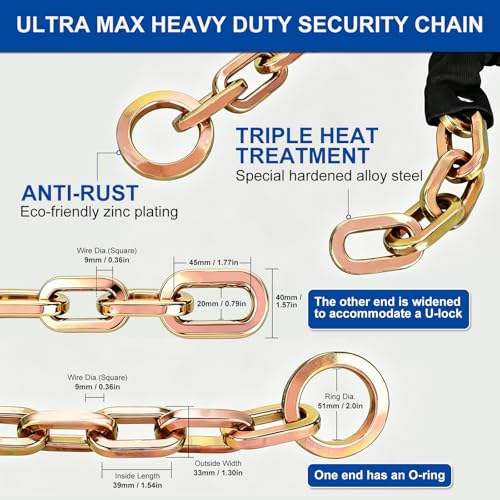 Heavy Duty Security Chain, 6 Foot x 3/8" Thick | Hardened Steel, Cut Proof, Anti-Theft Lock Chain, For Motorcycles, Bicycles, ATVs, Trailers, Containers - size: 6ft chain without lock