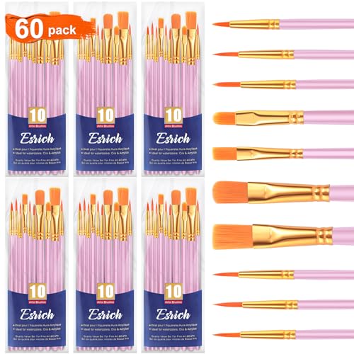 ESRICH 60PCS Pink Paint Brushes, Paint Brush for Acrylic Painting | Artist Paintbrushes for Oil Watercolor, Body Face Rock Canvas, Small Paint Brushes for Kids - color: Pink, size: 60