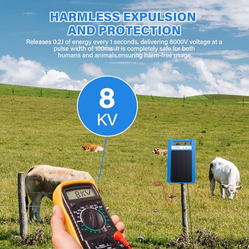 Solar Electric Fence Charger 8 kV Hight Power Energizer, 10000mAh Lithium Battery & 3W Solar Panel - Ideal for Livestock, Pet, Poultry, Gardens, Orchards Protection