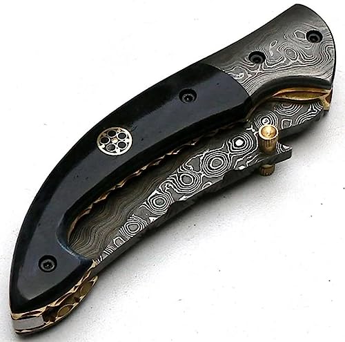 Poshland Limited Edition - FNA-32 Custom Handmade Damascus Steel Folding Knife - Beautiful Camel Bone Handle with Damascus Steel Bolsters (Black Bone) - color: Black Bone