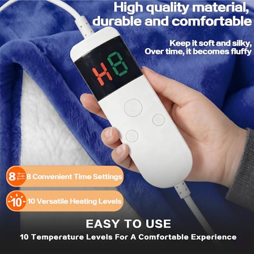 Wearable Heated Blanket With Sleeves & Foot Pocket, Heated Throw Blankets Fast Heating Blanket With 10 Heat Settings Auto Shut Off Over-Heat Protection-Warm Gift, Machine Washable, 52”*72”+18” - color: Blue