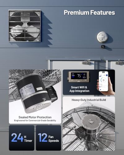 iLIVING 24" Smart Wall Mounted Shutter Exhaust Fan, 4244 CFM, 12-Speed, WiFi App Control Ventilation for Garages, Warehouse, Barn, Greenhouses, Auto Temperature Humidity Control, BLDC Motor, Hardwired - size: 24-inch