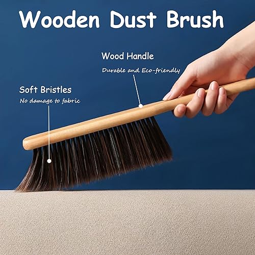 2 Pieces Dust Brush Hand Broom Wooden Bench Brushes with Soft Bristles Counter Brush with Long Wood Handle Household Cleaning Brush for Sofa Bed Fireplace Car - color: Brown
