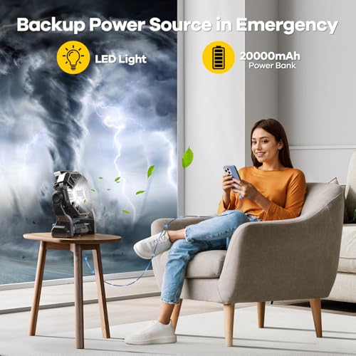 20000mAh Solar Fan with LED Lantern, 10W Solar Panel Rechargeable Battery Powered Camping Fan for Outside, 9 Inch Portable Battery Operated Hurricane Supplies for Picnic, Barbecue, Fishing, Travel