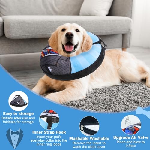 SCENEREAL Dog Cone Alternative After Surgery for Small Medium Large Dogs | Inflatable Cone Collar for Dogs Cats, Adjustable Soft Recovery Donut Collar to Prevent Licking, Black Suit Print E-Collars - color: Black Suit, size: L(Neck 16"-18")