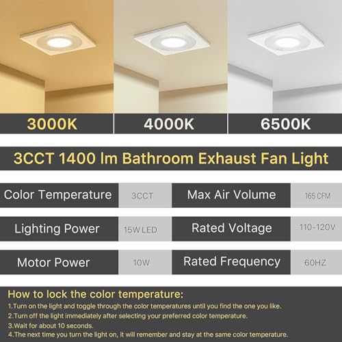 Bathroom Exhaust Fan with Light 165CFM Quiet 1.2 Sones | Ventilation Fan with 3CCT 1400lm LED Light Ceiling Cutout 9.84"x9.84" including Expandable Kit for Bathroom Laundry - color: 6550k Pure White
