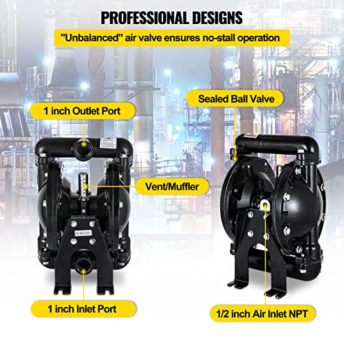 VEVOR Air-Operated Double Diaphragm Pump 1 inch Inlet Outlet Aluminum 35 GPM Max 120PSI, Nitrile Diaphragm, QBY4-25L-1inch-35 - size: 22 GPM