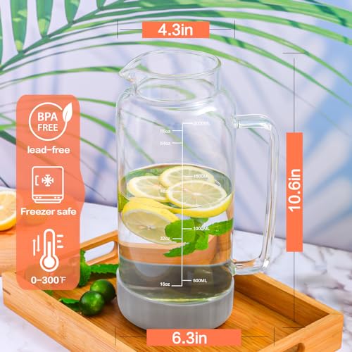Aofmee 68oz Glass Pitcher with Lid and Handle for Fridge, Grey Silicone | Iced Tea Pitcher for Fridge, Borosilicate Glass Carafe, Sun Tea Jar, Dual Pour Stainless Lid, Dishwasher Safe - color: Grey Silicone