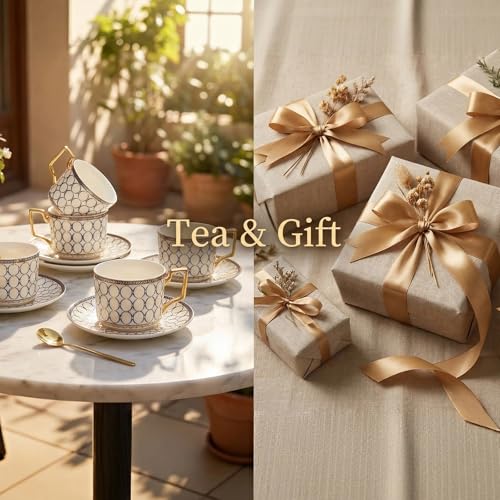 CwlwGO- Bone China Tea Cup Sets,15-Pieces Tea Cup and Saucer Set Service For 4 Whit 28 Ounces Teapot,Sugar Bowl,Creamer Pitcher and Spoons, Tea Gifts Sets For Women Patry. - color: Gold and white