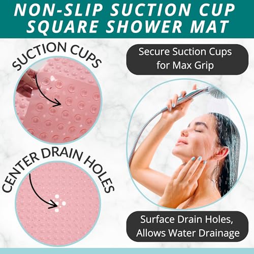 ENKOSI Square Shower Mat – 21 x 21 Inch Non-Slip Mat with Suction Cups and Drain Holes – Anti-Slip Square Bathroom Bathtub Shower Mats for Inside Shower (21x21 Baby Pink) - color: Baby Pink