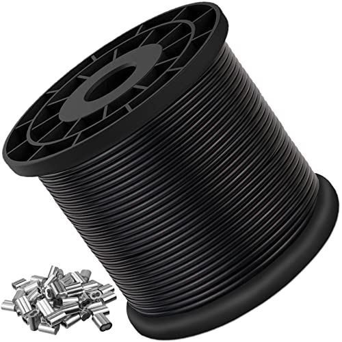 Vinyl Coated Wire Rope 304 Stainless Steel Coated Wire Cable-Black, 1/16" OD to 3/32" x 200FT, with 60 Pcs Crimping Sleeves-Cable for String Lights, Suitable for Clotheslines - size: 200FT
