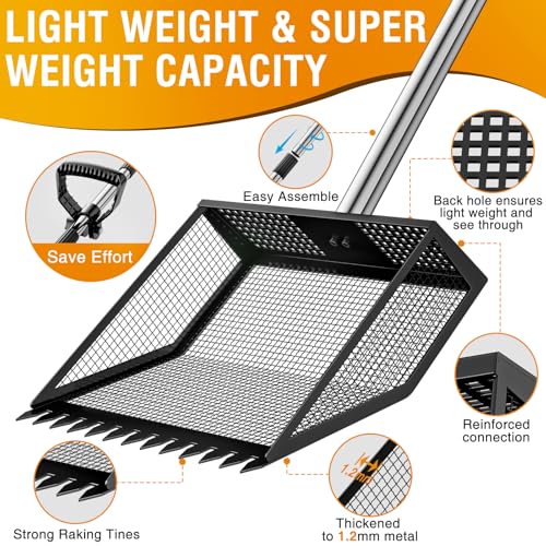 Large Chicken Poop Scooper: 2-in-1 Metal Pooper Scooper & Rake Adjustable 62" Long Handle Stainless Steel Sand Sifting Litter Shovel Chicken Coop Scoop Cleaning for Bedding Goats Farm Yard Black - color: Black