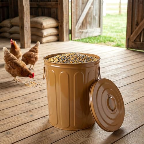 Plexon 5 Gallon Small Metal Trash Can with Lid Outdoor Galvanized Steel Bucket with Lid 5 Gal Storage Can for Dog Food Bird Seed Storage Container, Brown - color: Brown