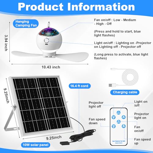 1 Set Solar Powered Ceiling Fan with Light for Camping Rechargeable 10'' Small USB Portable Hanging Fan with Star Projection 10w Solar Panel, 3 Speeds for Tent Rv Bed Gazebo Greenhouse