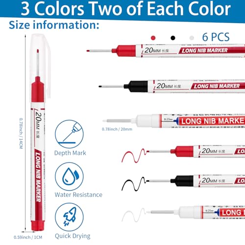 6 PCS Long Head Deep Hole Marker Pens,20mm Long Nib Marker, Longs Nose Markers, Waterproof Construction Markers Marking Tool,Permanent Markers Carpenter Ink marker Pens,Metal marking Pens 03 - color: 6PCS-20MM-Red/White/Black