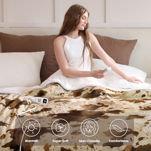 Heated Blanket Queen Blanket - Fast Heating Electric Blanket, Soft Heated Throw with 4 Time Settings,10 Heating Settings, Warm Gifts for Women Mom Grandma(84" x 90" Cow Print Apricot) - color: 05 - Apricot Ombre-khaki, size: Queen 84" x 90"