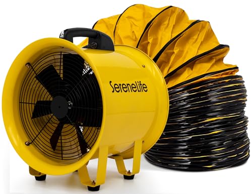 SereneLife Heavy Duty Cylinder Fan 12 inch,Blower Fan with 3200 CFM Airflow, 25ft PVC Ducting, Industrial Exhaust for Warehouses, Workshops, Crawl Spaces, & Basements, Smoke & Odor Removal