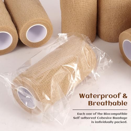 Elastic Self Adhesive Bandage Wrap 4 Inch, Breathable Non Woven Cohesive Bandage, Vet Wrap for Dogs, Ankle Sprains Swelling, Sports Athletic Tape (24 Count Brown) - color: 4 Inch-24 Count Brown