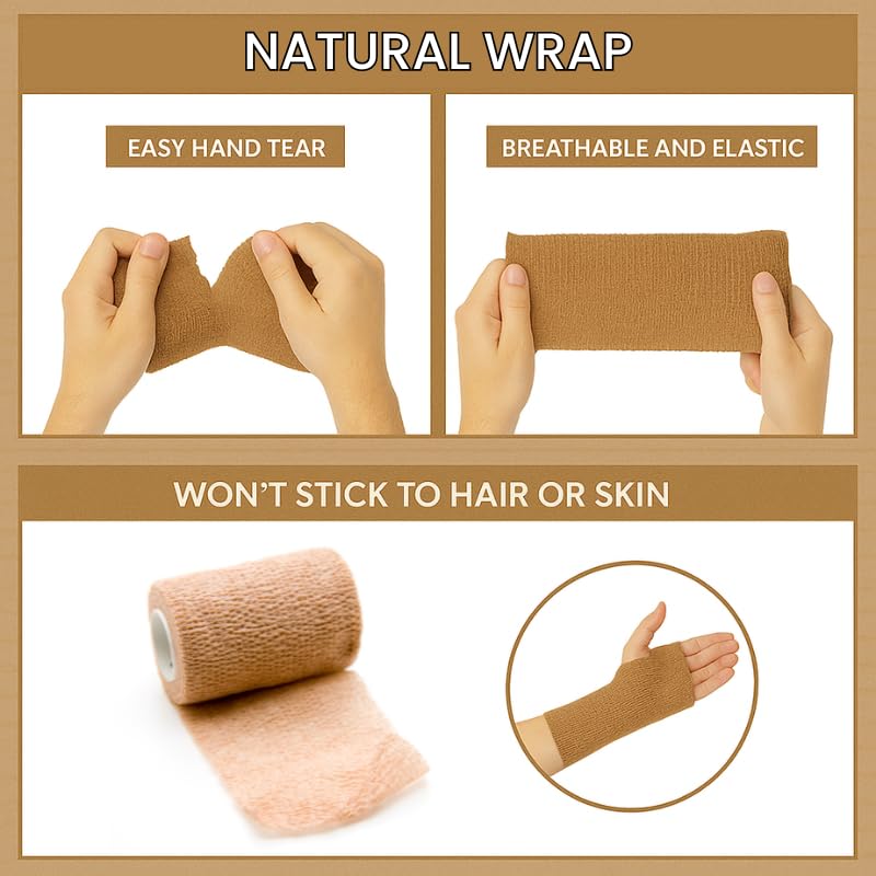 4" Cohesive Flexible Bandage Wrap – Natural - 8 Pack | Self-Adherent Vet Tape for Animal Use | Breathable, Easy Tear, No Clips Required | Ideal for Horses, Dogs, Livestock, Pets - color: Natural