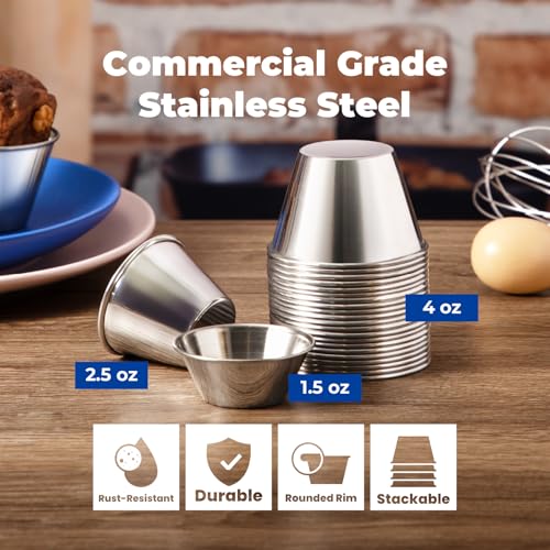 Fit Meal Prep [24 Pack 1.5 oz Stainless Steel Dipping Sauce Cups, Reusable Metal Ramekins, Commercial Grade Condiment Bowls, Individual Portion Cups, Small Round Au Jus Cup for Home, Restaurant - size: 1.5 oz