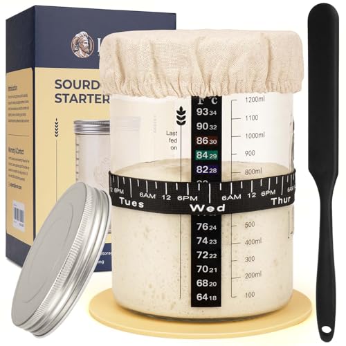 Lorzon 47 oz Large Glass Wide Mouth Sourdough Starter Jar Kit | Mess-free feeding, Flexible storage, Growth and temperature tracking, Effortless stirring, Sourdough bread baking supplies