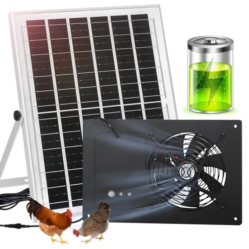 Solar Exhaust Fan with Battery and 3H/6H Timer, IP65 Waterproof | High Speed Solar Powered Ventilation Fan for Chicken Coop, Greenhouse, Dog House and Shed, Low Noise (16.4FT Cord, 1 Pack) - size: Small