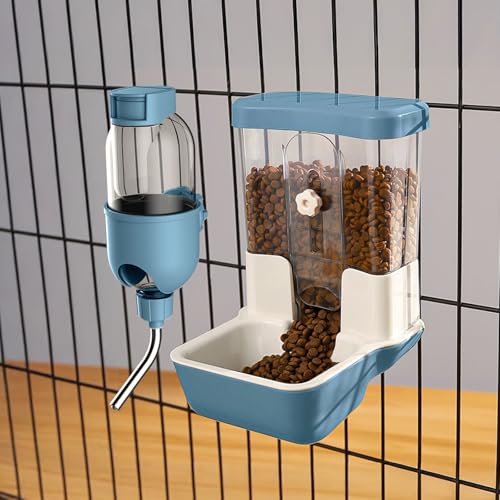 Automatic Pet Food Water Dispenser, Auto Gravity Pet Feeder Water Bottle Set for Crate Cage, Feeding Station for Small Dog Cat Rabbit Guinea Pigs Chinchilla Ferret Hedgehog (Blue) - color: Blue