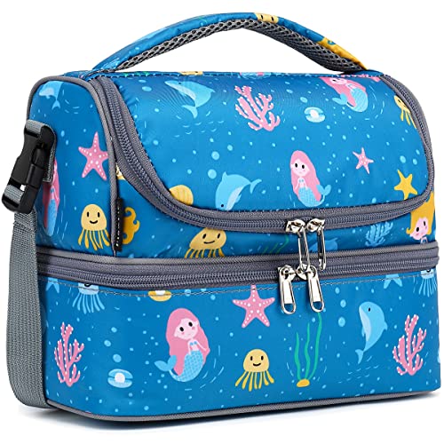 FlowFly Double Decker Cooler Insulated Lunch Bag Large Tote for Boys, Girls, Men, Women, With Adjustable Strap (Blue-Mermaid) - color: Blue-Mermaid