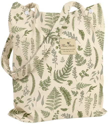 Miss Adola Corduroy Tote Bag for Women with Aesthetic Design | Magnetic Buckle & Pocket, Reusable, Soft, Roomy, Long Shoulder Handles, Double-sided Print, Casual Daily Work, Grocery Bags - color: Leaf Collection, size: Large
