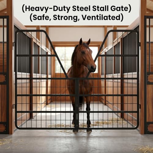 52" W x 42" H Horse stall gate, V-Neck Mesh Ventilation stall Guard, 0.8in Steel Frame Matte Black Partition Stable Doors for Show Stables - size: 3