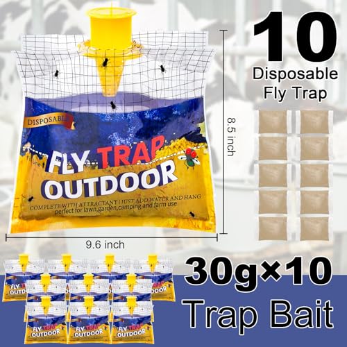 Fly Traps Outdoor Hanging for Patio, 10 Pre-Baited Flies Bags Disposable | Flies Catcher Repellent, Reusable Stable Horse Ranch Trapper Outdoor Hanging Fly Killer Helps Control Flies - size: 10 pack