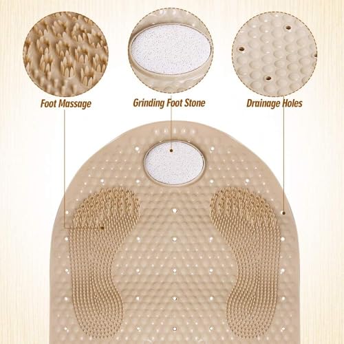 Shower Mats Bath Mat Non Slip Bath Mats for Tub Grinding Floor Massage Mat Foot Scrubber with Removable Pumice Stone 15.7 x 31.4 inch Soft Bathtub Mat with Suction Cups & Drain Holes (Beige) - color: Beige