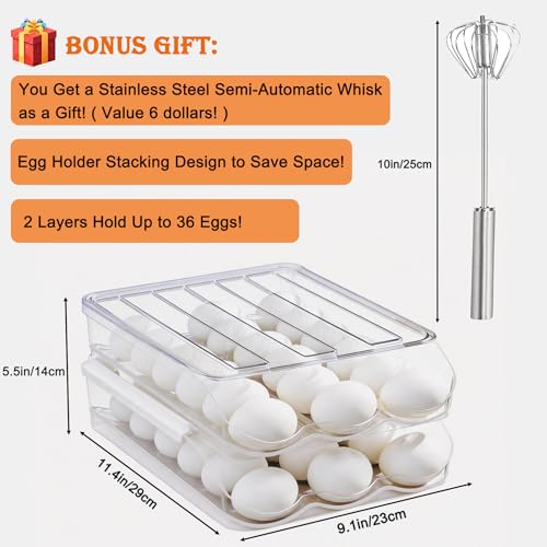 Egg Holder for Fridge, Automatic Rolling Egg Dispenser for Refrigerator with Lid, Stackable 2-Tier Egg Storage Container, Clear Food-Grade Egg Organizer for Fridge Kitchen