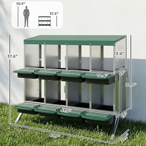 PawHut Chicken Nesting Boxes 8 Compartment for Hens Ducks, Silver | Two-Tier Egg Laying Boxes, Vented Holes, Easy Egg Collection, Metal Nesting Boxes for Chickens - size: 43.7"L x 21.7"W x 37.6"H, style: Open Front