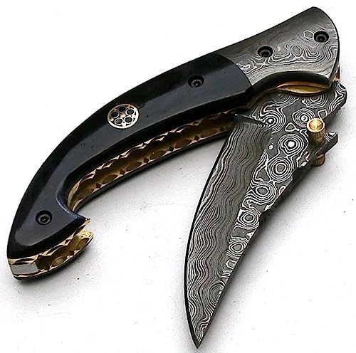 Poshland Limited Edition - FNA-32 Custom Handmade Damascus Steel Folding Knife - Beautiful Camel Bone Handle with Damascus Steel Bolsters (Black Bone) - color: Black Bone