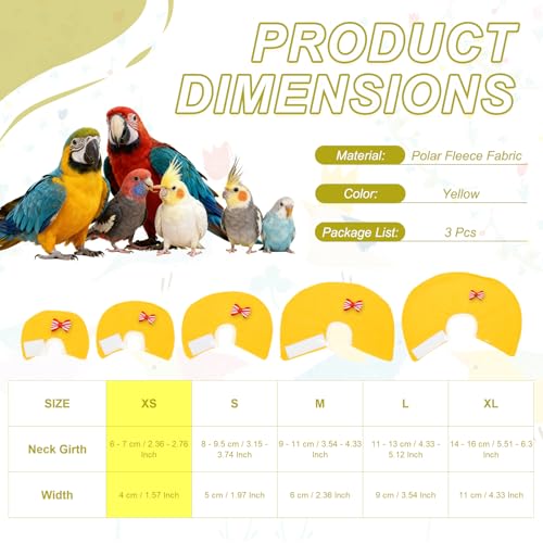 Bird Collars, Bird Cone Collar Protective Recovery Cones, Soft Adjustable Anti-Bite Feather Neck Protector (Yellow, XS, 3 Pcs), Intended for Budgie/Cockatiel/Lovebirds - color: Yellow, size: XS