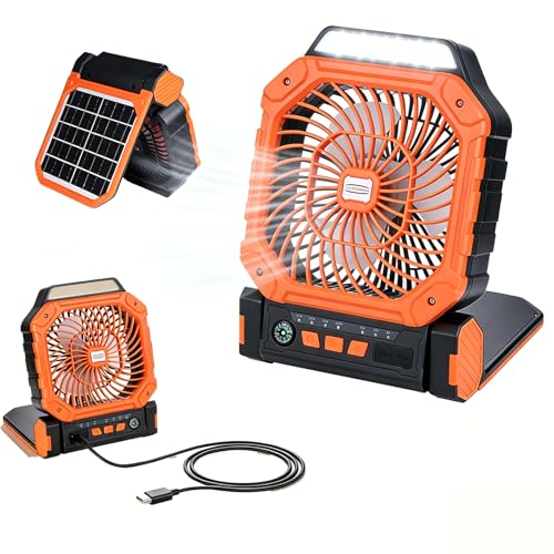 Solar Fan with LED Lantern - 10W Solar Panel Rechargeable Battery Powered Camping Fan for Outside, Portable Battery Operated Hurricane Supplies for Picnic, Barbecue, Fishing, Travel
