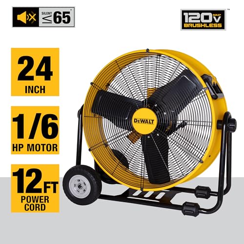 DEWALT 24 Inch Floor Fan, 360° Adjustable Tilt Drum Fan with Wheels DXF2490 | Max 6500CFM Stepless Speed Quick Cooling Metal Industrial Fan Heavy Duty Air Mover Large Wheels for Garage/Warehouse/Barn - style: DXF2490