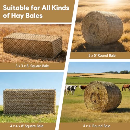 5×5 FT Round Bale Hay Net for Horses & Goats, Heavy Duty Knotless Slow Feed Hay Nets, 1.75" Mesh, Weather Resistant Round Bale Net with Repair Kit for Pasture and Barn - size: 5*5FT