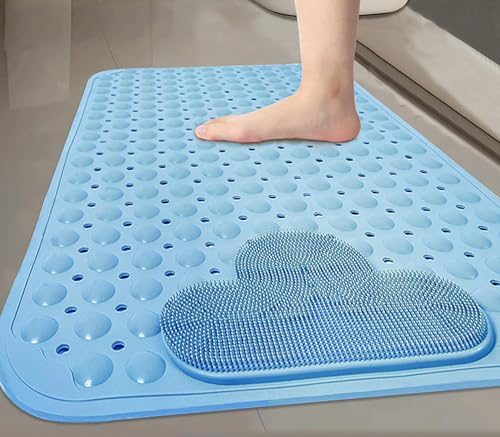 Bath and Shower Safety Mats with Foot Massage,Large Foot Scrubber Mat in Shower,Non Slip with Suction Cups for Bathroom Stall and Tub Floor,Foot Clean and Massage Feet Without Bending Over (Blue) - color: Blue