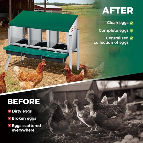 PrecisionAuto Chicken Nesting Box, 3 Compartment with Support Legs Automatic Roll Away Egg Collection, Ventilated Galvanized Steel, Wall Mount or Freestanding Hen Coop Accessory, Green - color: Green