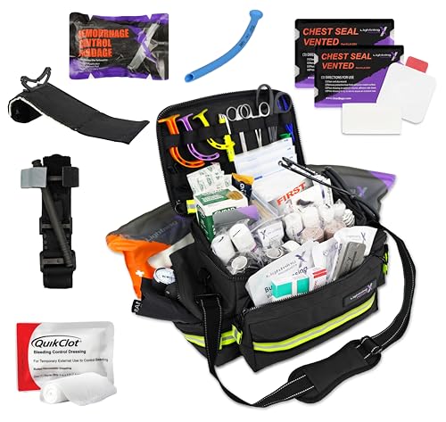 Lightning X Mid-Sized First Responder EMT Bag | LXMB25 | Fully Stocked w/ 248+ First Aid Supplies + Trauma Pak w/C.A.T. Tourniquet & QuikClot - Black - color: Black