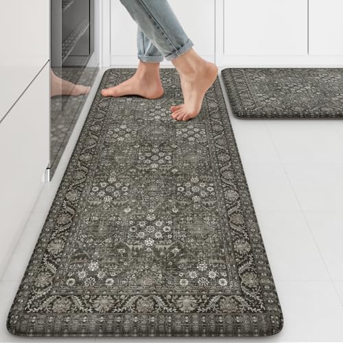 KIMODE Anti Fatigue Kitchen Mat 2PC,Waterproof Farmhouse Green Kitchen Rugs | Vintage Kitchen Mats for Floor Non-Slip,Cushioned Comfort Standing Mat for Laundry,Office,Sink,Desk,Dorm 17"x47"+17"x29" - color: Green/Grey, size: 17.3" x 47"+17.3" x 29"--0.47