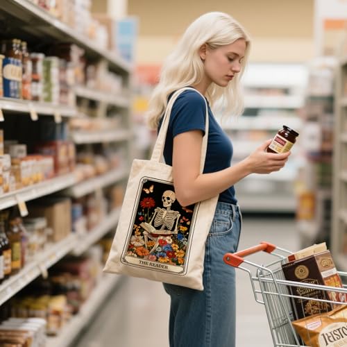 Aesthetic Canvas Tote Bag for Women - with Magnetic Snap Closure & Zipper Inner Pocket Reusable Totes Bag - color: Skeletonreading1