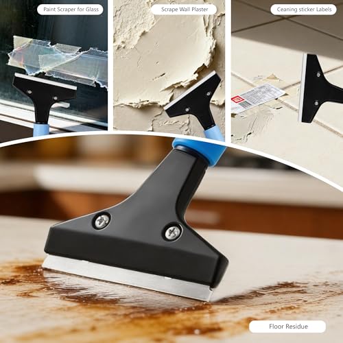 4-Inch Razor Blade Floor Scraper, Long Handle Heavy Duty 37-51.5 Inch | Adjustable Razor Scraper for Cleaning Windows, Glass,Shower,Gum,Tile,10 Extra Blades - size: 51.5in