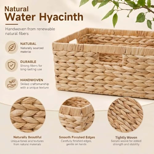 Wicker Storage Basket for Organizing, Handwoven Water Hyacinth Basket with Metal Frame & 3 Handles, 16.5"L x 13"W x 7.5"H